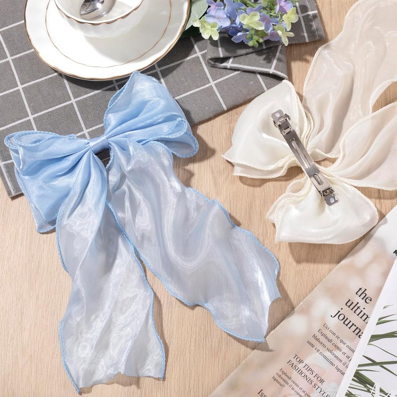 STSTR 2Pcs Large Hair Bow Clips, Blue White Silk Yarn Ribbon Bow Hair Barrette for Women, Elegant Long Tail Bowknot French Hairstyles Accessories for Wedding, Parties, Festivals - Image 3